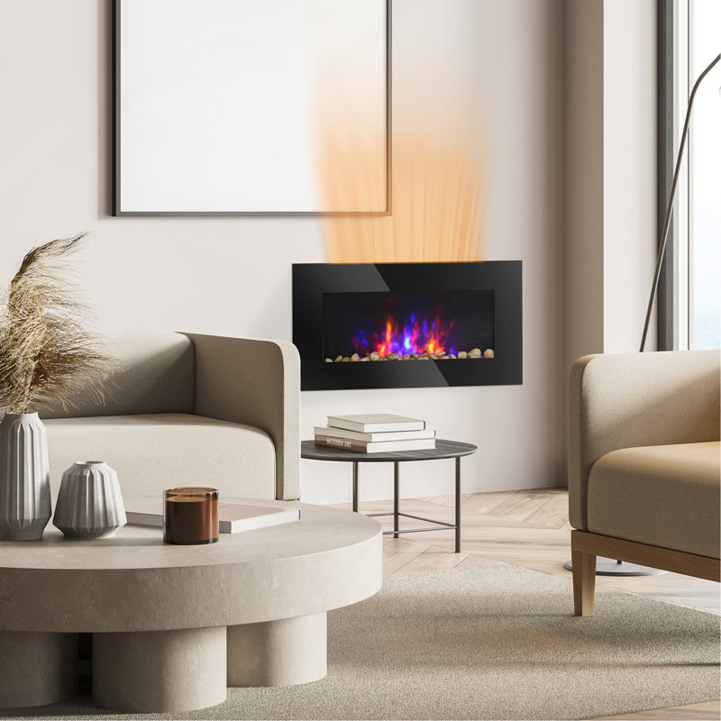 28.5" 1500W Electric Wall-Mounted Fireplace With Flame Effect, 7 Color Background Light, Black