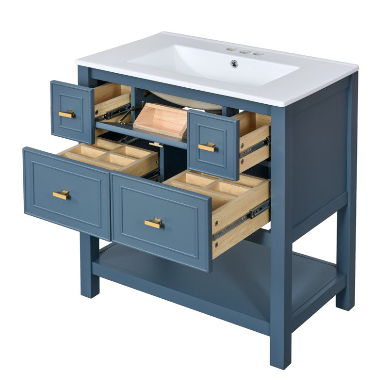 Meuble-lavabo 30 po avec lavabo en céramique - bleu moderne, 5 tiroirs en bois massif bleu, Blue