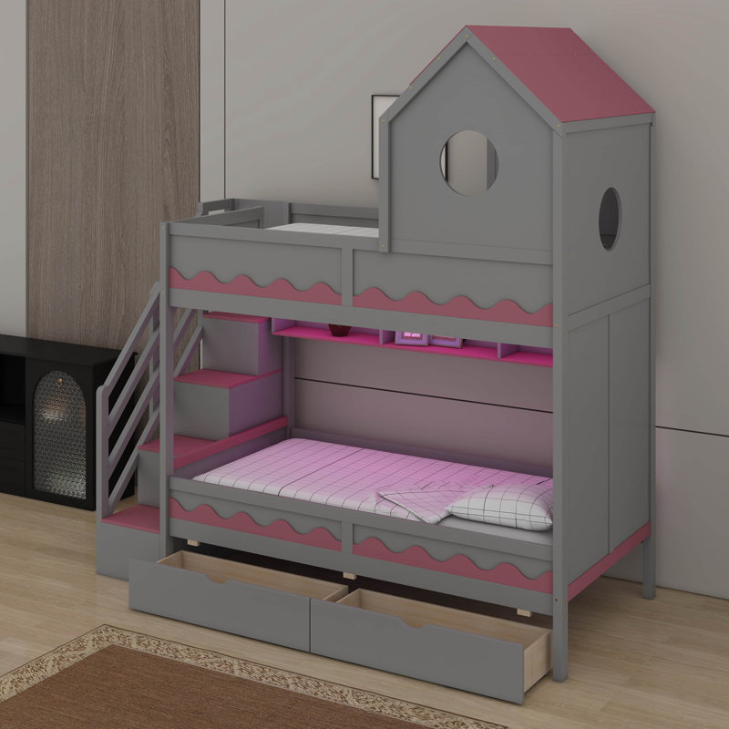 Lit superposé simple au-dessus de simple avec 2 tiroirs et escalier, lits superposés en bois avec lumière et tablettes de rangement
