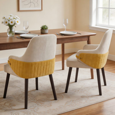 Set of 2 Beige & Yellow Two-Tone Fabric Armchair, Upholstered Dining Chair with Sturdy Frame – Modern Accent Seating for Dining Room & Living Area, 300 lbs Capacity
