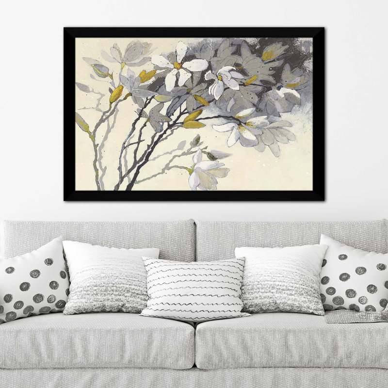 Magnolias jaune gris - Peinture, Cadre noir, H 21,5 po x l 27,5 po x P 0,75 po