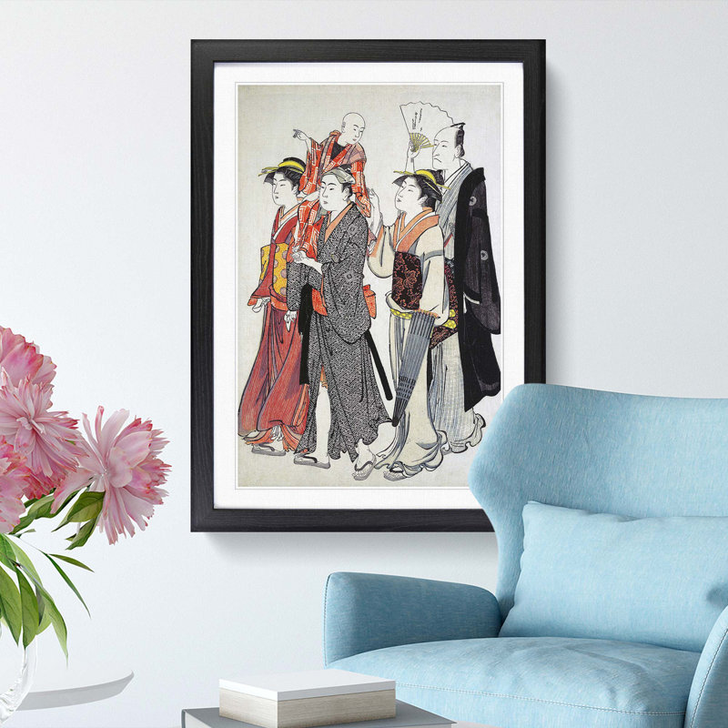Ichikawa Danjuro V with Family by Torii Kiyonaga - Picture Frame Painting Print, Black Framed, 36cm H x 27cm W x 2cm D