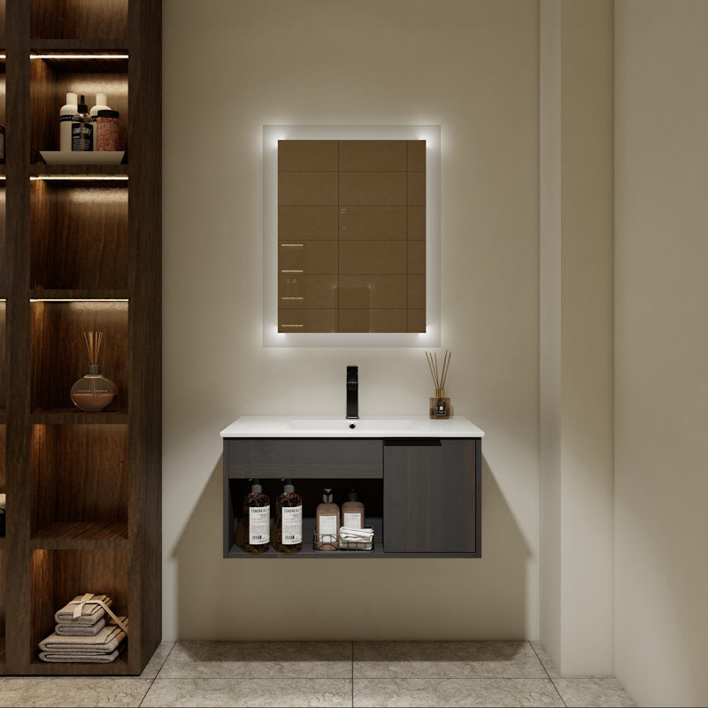 Meuble-lavabo mural avec lavabo en céramique et porte à fermeture en douceur, 30"