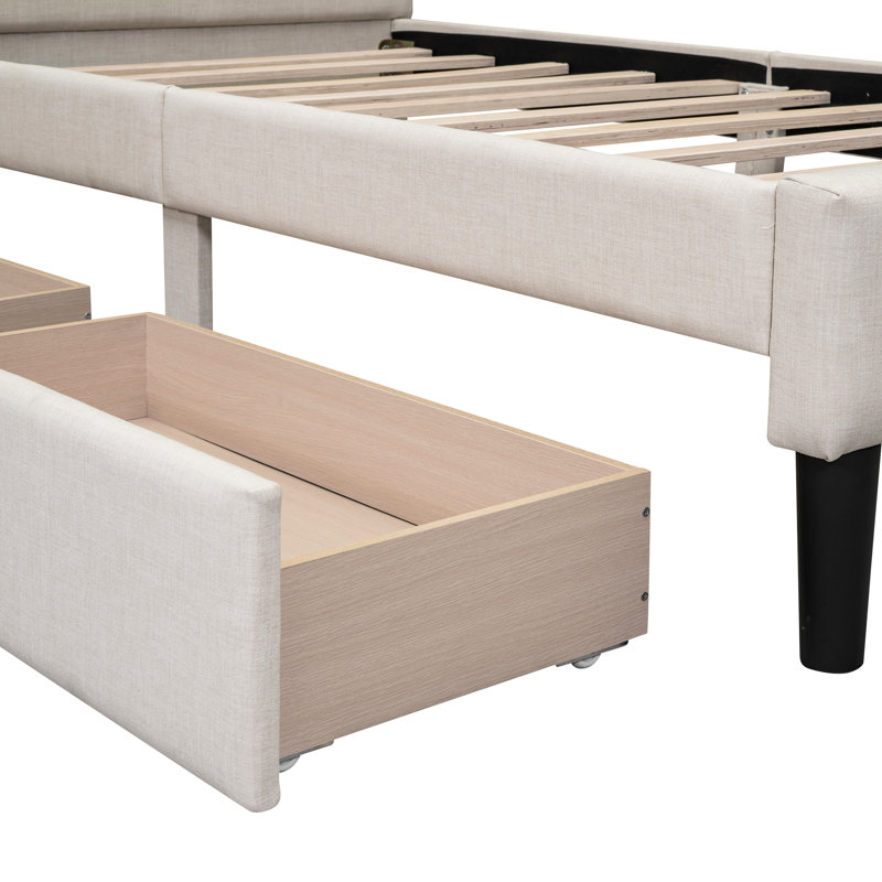 Lit plateforme simple tapissier à 2 tiroirs beige - Style ferme et avant-gardiste avec 2 tiroirs