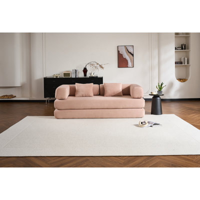 Convertible Sleeper Sofa Bed With Cylindrical Pillow, Corduroy Folding Mattress Couch With Fixed-Shape Frame, Floor Sofa Lounge Couch For Living Room Bedroom (Pink)