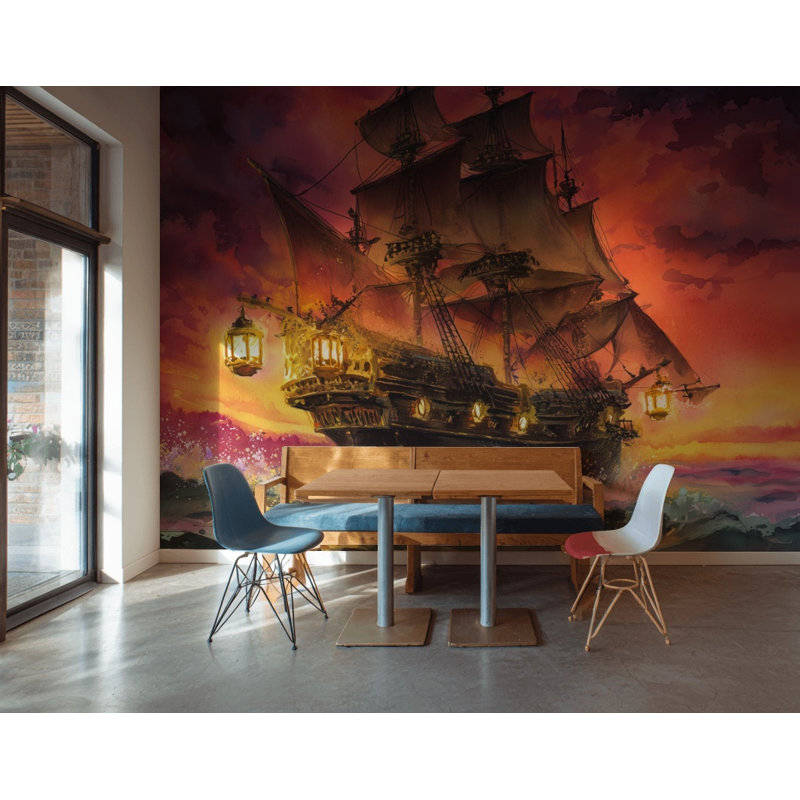 Papier peint mural représentant un bateau au coucher du soleil sur l'océan., 120"x96", Non-Woven Nonpasted