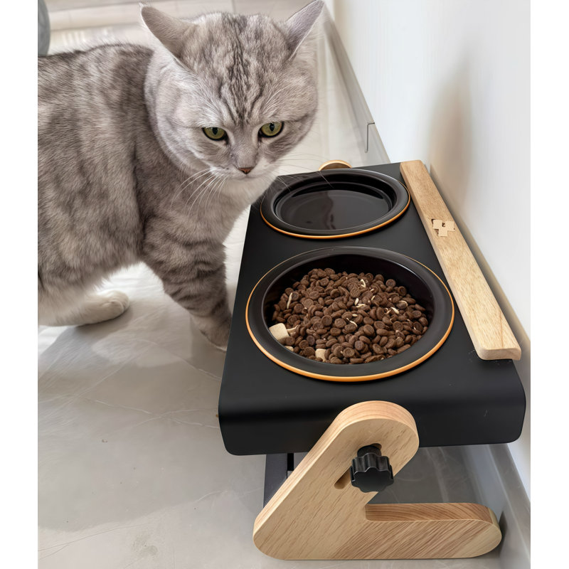 Bols doubles réglables en céramique pour animaux avec support en bambou et fer, mangeoire pour animaux de protection pour le cou pour l'intérieur et l'extérieur, pour chats et petits chiens, style 04 po noir