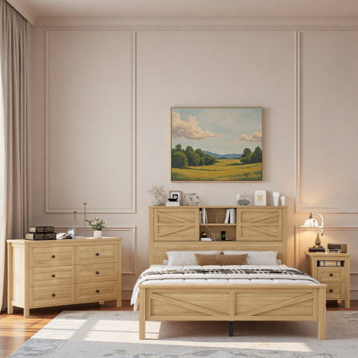 3-pieces Bedroom Sets, Platform Bed With Sliding Doors, Storage Headboard And Charging Station, 1 Nightstand With 2 Drawers, 1 Dresser With 6 Drawers by Ebern Designs