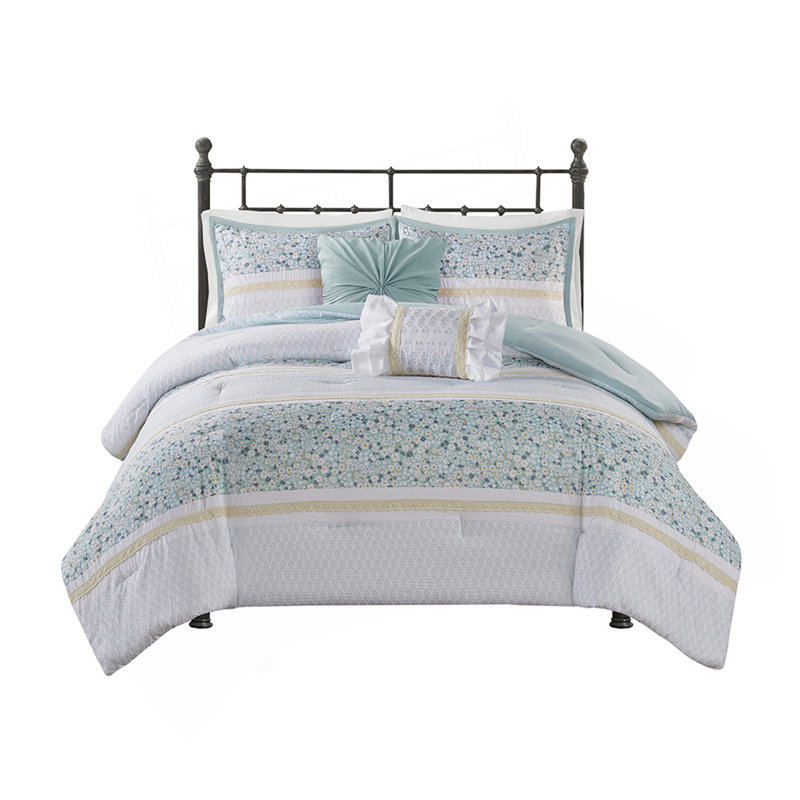 Ensemble d'édredon 5 pièces pour lit double / grand avec coussins décoratifs, Motif floral turquoise