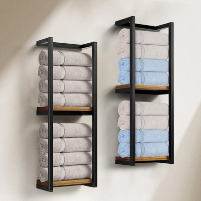 2-Piece Wall-Mounted Towel Rack Set, 2-Tier Wooden Bathroom Storage Shelf, Space-Saving Organizer for Towels and Home Décor, Black Finish