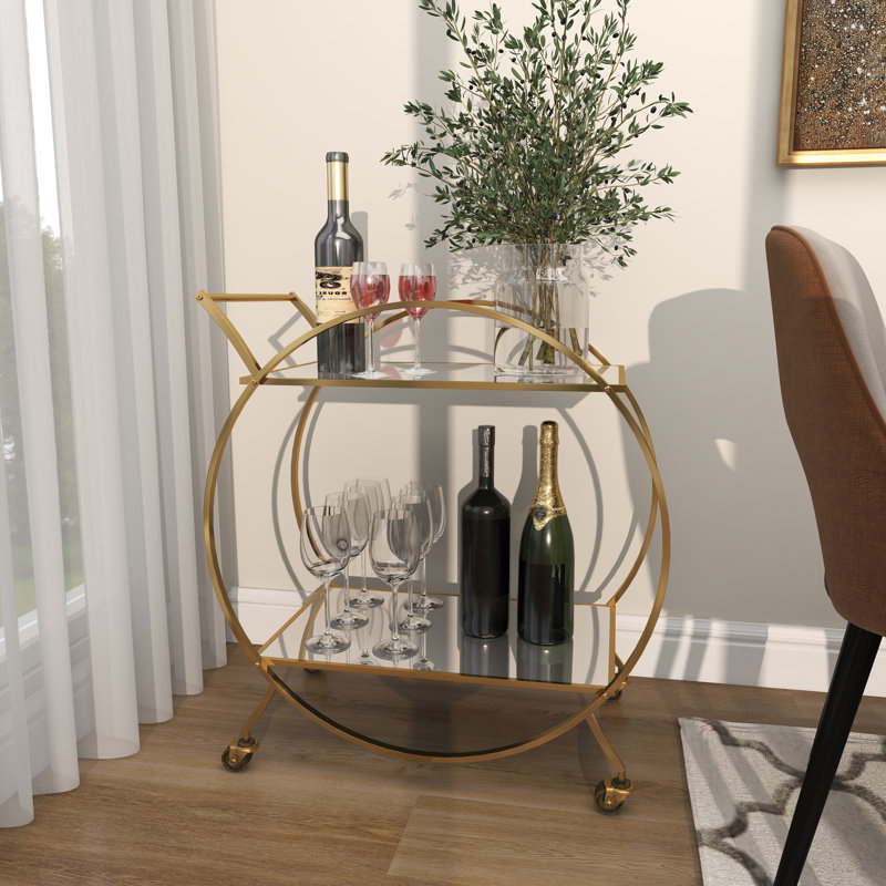 Metal Rolling Round 2 Mirrored Shelf Bar Cart with Top Handle, Light Gold