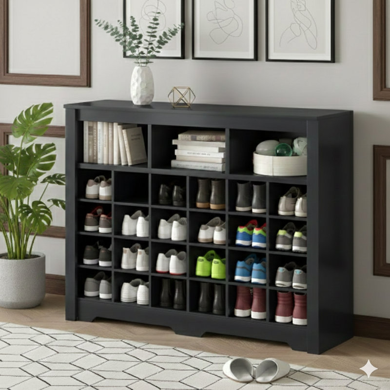 Élégante console de rangement à 24 casiers, armoire à chaussures moderne avec base incurvée, buffet polyvalent de haute qualité pour les couloirs, les chambres à coucher, les salons, finition noire