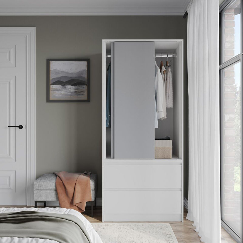 Solid Wood Wardrobe, White/Grey