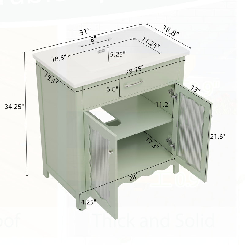 Meuble-lavabo 31 po avec verre trempé, vert, Vert