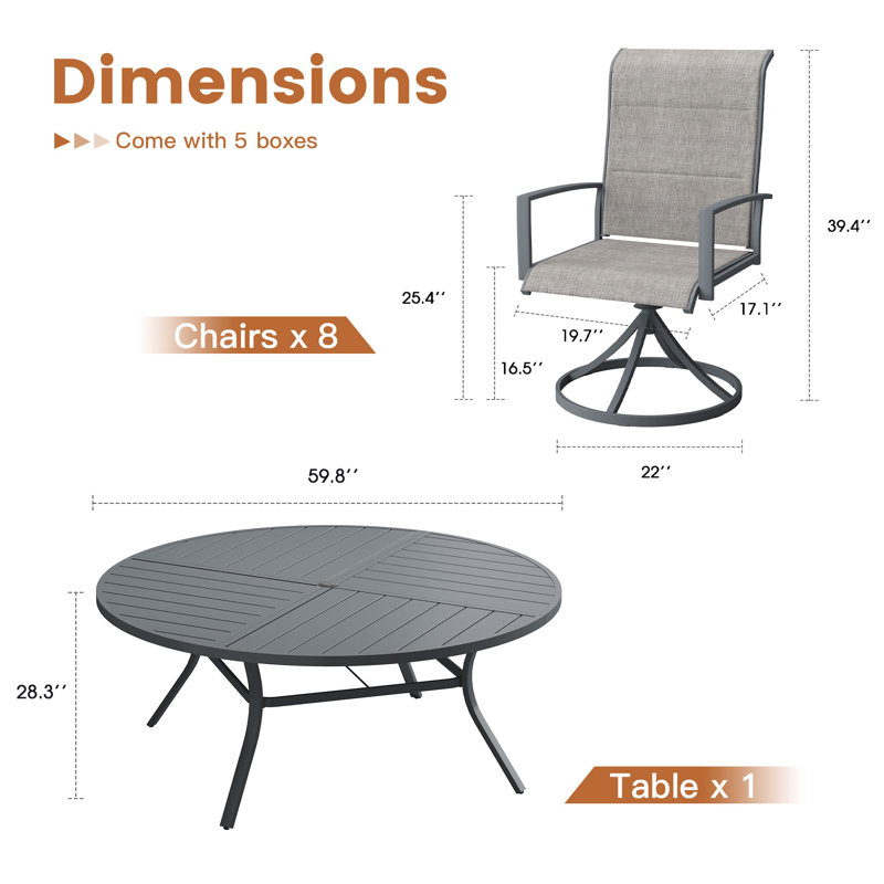 Patio Dining Set with 60" Metal Round Dining Table and 8 Padded PVC-coated polyester Swivel Chairs, Gray
