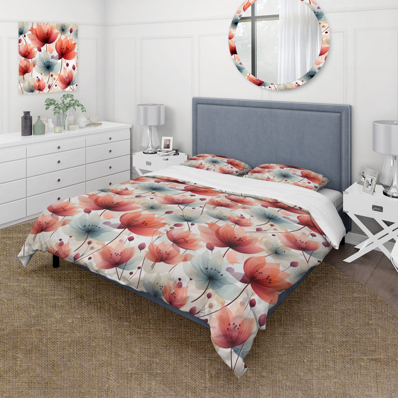 Élégant motif floral rouge - Ensemble de housse de couette floral, Housse de couette simple + 1 taie décorative stan