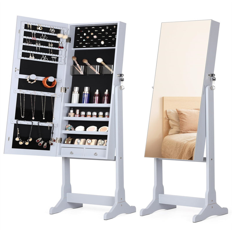Miroir verrouillable organisateur de bijoux - Solution de rangement élégante pour femmes, Gris