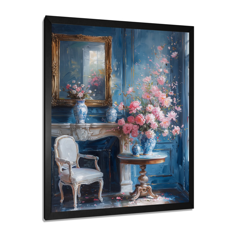 Bleu bleu, château, chic, fleurs, châteaux, art mural, salon, Toile encadrée noire simple, H 40 po x l 30 po x P 1,5 po