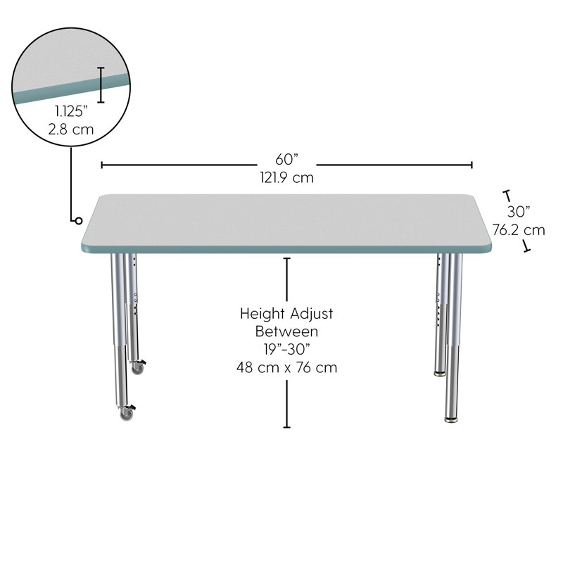 Table rectangulaire d'activité rectangulaire avec pieds réglables, Gris / écume de mer, Super, 30" x 60"