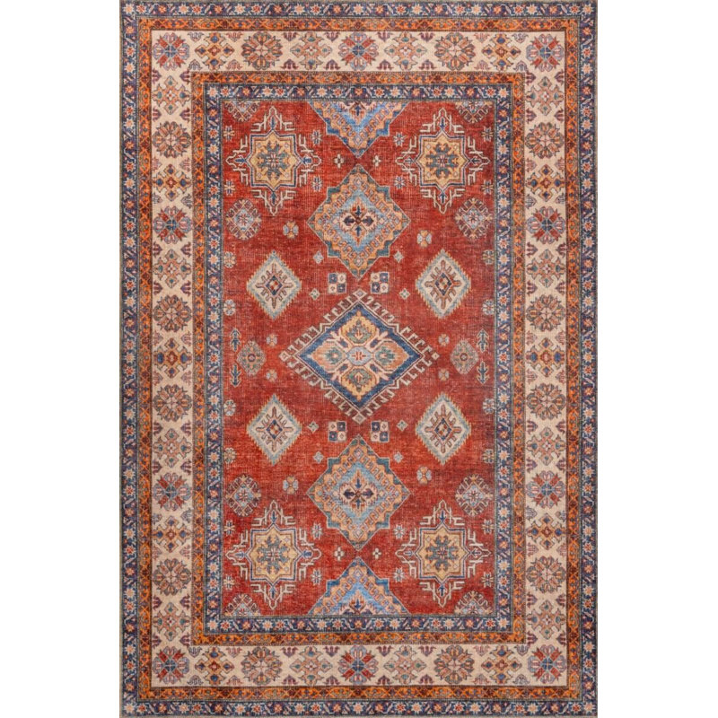 Tapis décoratif rouge marocain beige en polyester marocain doux au toucher, Rectangle 5 pi 3 po x 7 pi 7 po