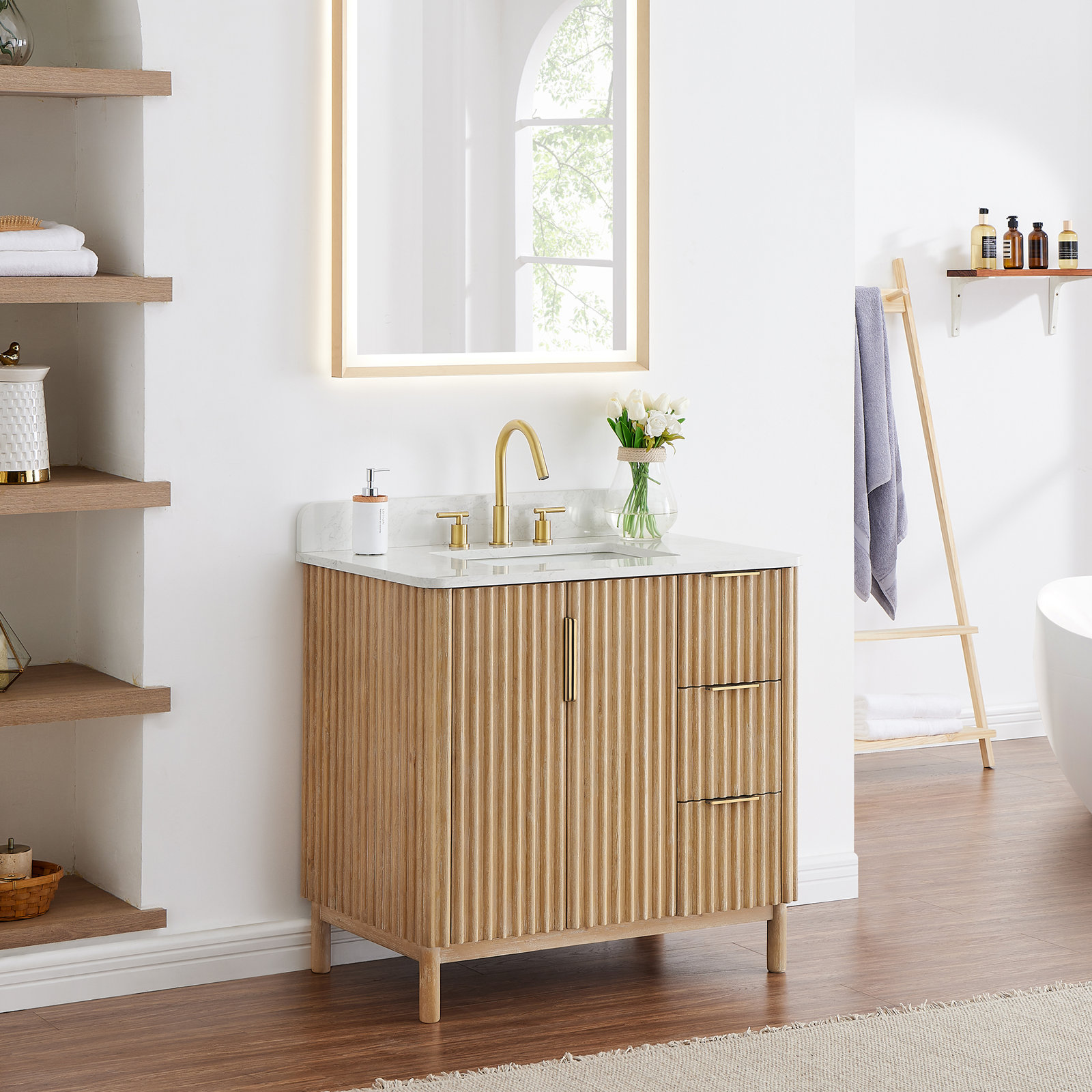 Siena 36" Single Bathroom Vanity with Grain White Engineered Stone Countertop without Mirror, Single Sink, 36"