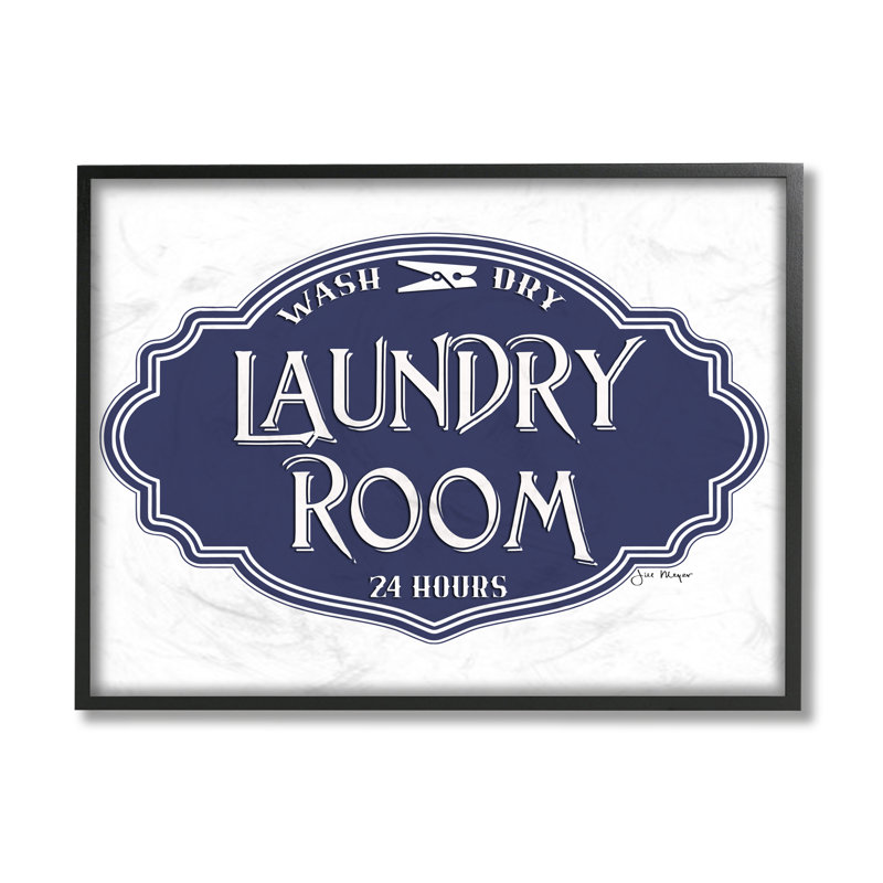 «Vintage Laundry Room Sign Minimal Blue White» par Jill Meyer, reproduction d'art textuel, Cadre noir