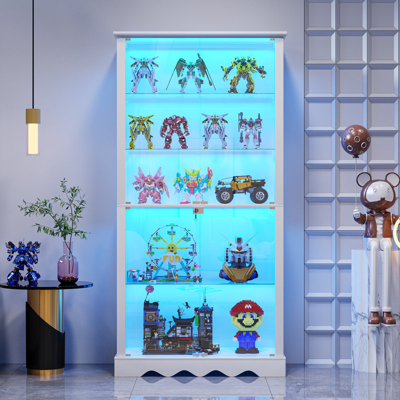 5-Tier Glass Display Cabinet with Tri-Color Sensor Light  and Lock, White
