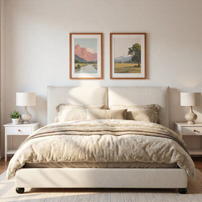 Lit plateforme tapissier avec tête de lit à dossier en tissu de lin