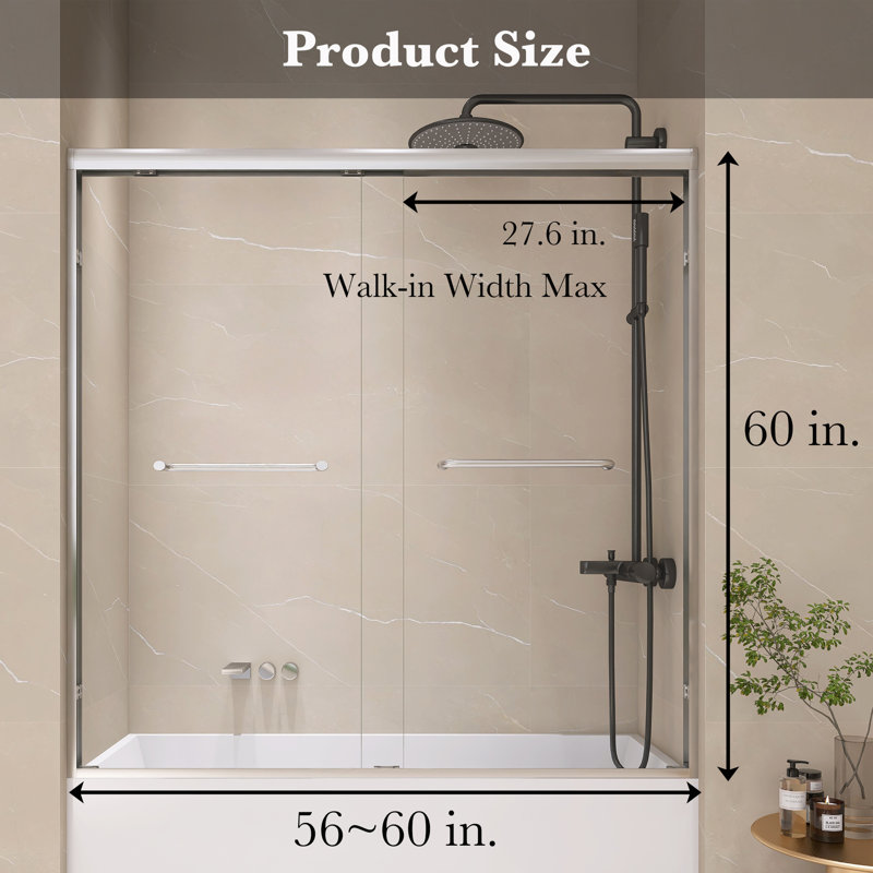 56" To 60" X 60" Aluminum Framed Double Sliding Tub Door, With 1/4" Tempered Glass, With Explosion Proof Film, Stainless Steel Handle