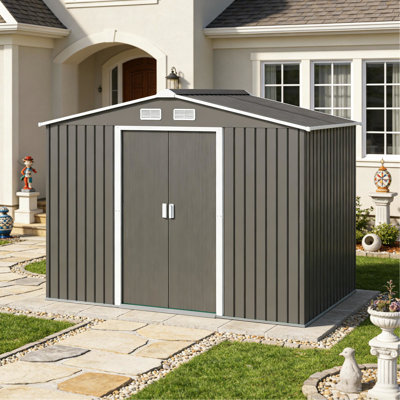 Grande remise extérieure pour les articles de jardin et de piscine, acier galvanisé gris, portes verrouillables, toit incliné, bons outils d'assemblage requis pour la ventilation, fabrication en acier