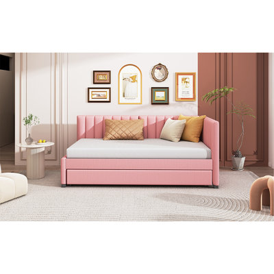 Upholstered Daybed With Trundle Twin Size Sofa Bed Frame No Box Spring Needed, Linen Fabric(Pink)