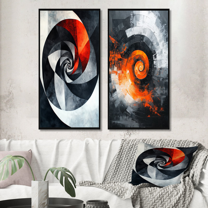 Orange Tornado Of Abstract I - Abstract Spirals Wall Art 2 Pieces Set, 32" H x 32" W, Black Floater Framed