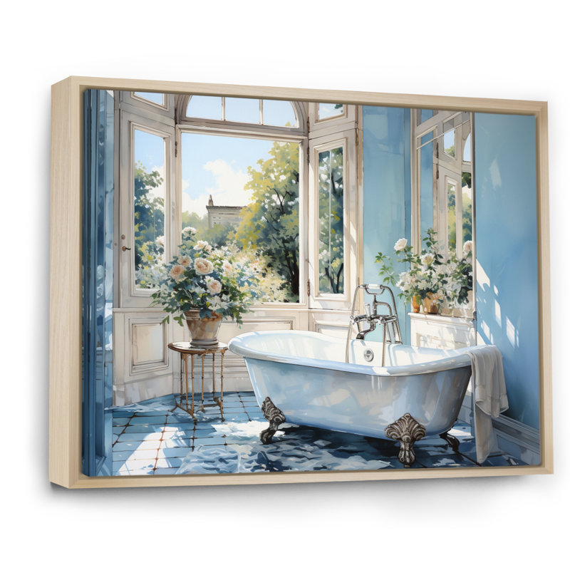 «Bathroom Tranquil Reflections I» - décoration murale pour salle de bain, H 16 po x l 32 po x P 1 po, Cadre flottant érable