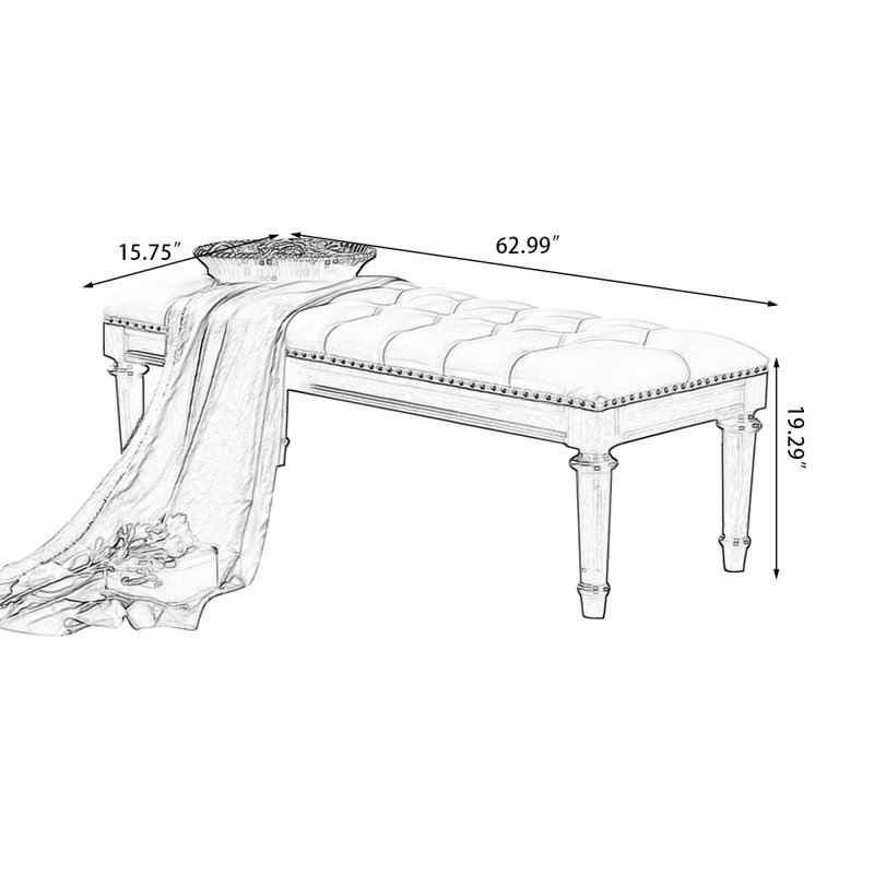 Banc long en cuir blanc pour chambre et entrée de style moderne tapissier blanc, H 19,29 po x l 62,99 po x P 15,75 po, Blanc