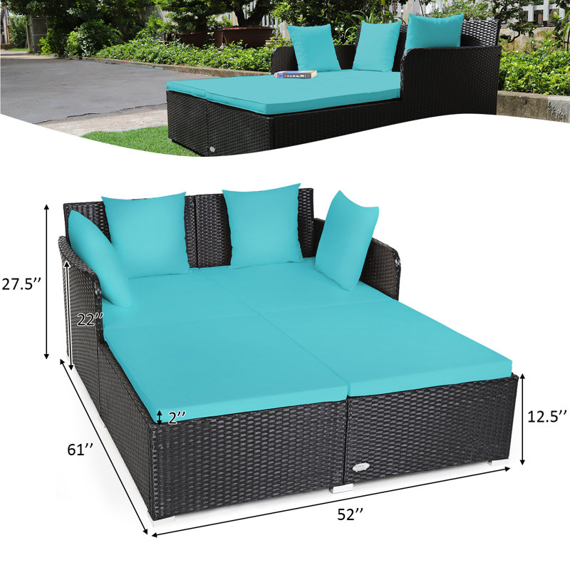 Lit de jour d'extérieur en osier de 52 po avec coussins, Turquoise