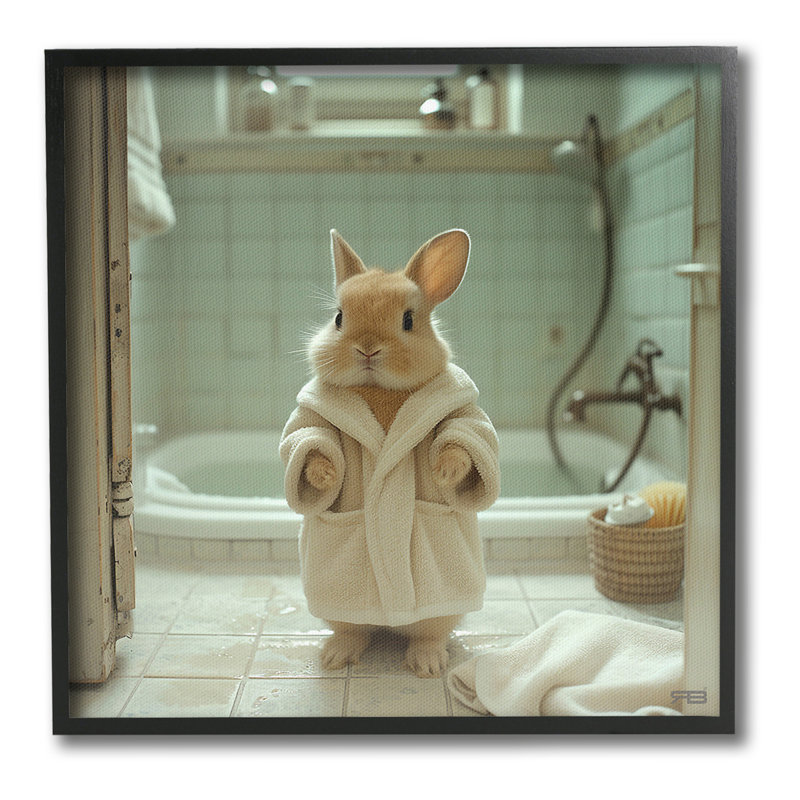 Lapin en peignoir, estampe numérique encadrée par RB, Giclée encadrée noir minuit, H 17 po x l 17 po