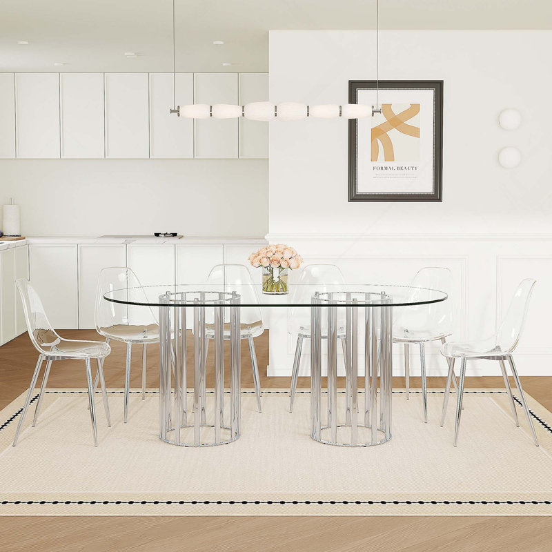 Ensemble de table et de chaises 7 pièces. Table de salle à manger ovale en verre trempé avec 6 chaises en plastique transparent