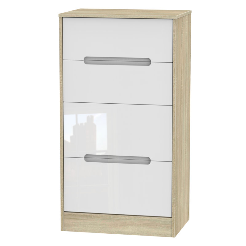 Fully Assembled Vernon 4 Drawer Chest, White Gloss/Bardolino Oak