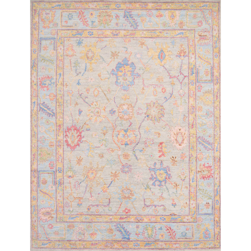 Tapis gris clair / bleu clair / rouge / jaune de haute qualité noué à la main
