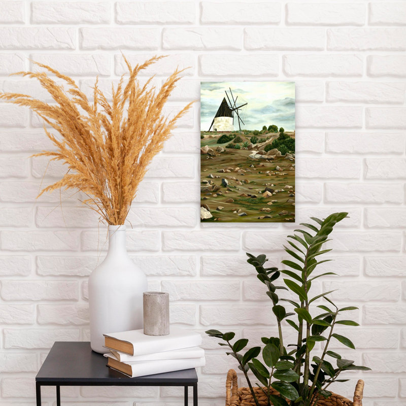 «Rustic Windmill Landscape», art traditionnel de paysage abstrait, H 18 po x l 12 po