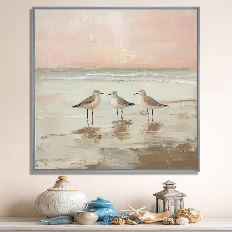 Bécasseaux du coucher du soleil - Tableau sur toile de plage, H 36 po x l 36 po, Encadrement argenté
