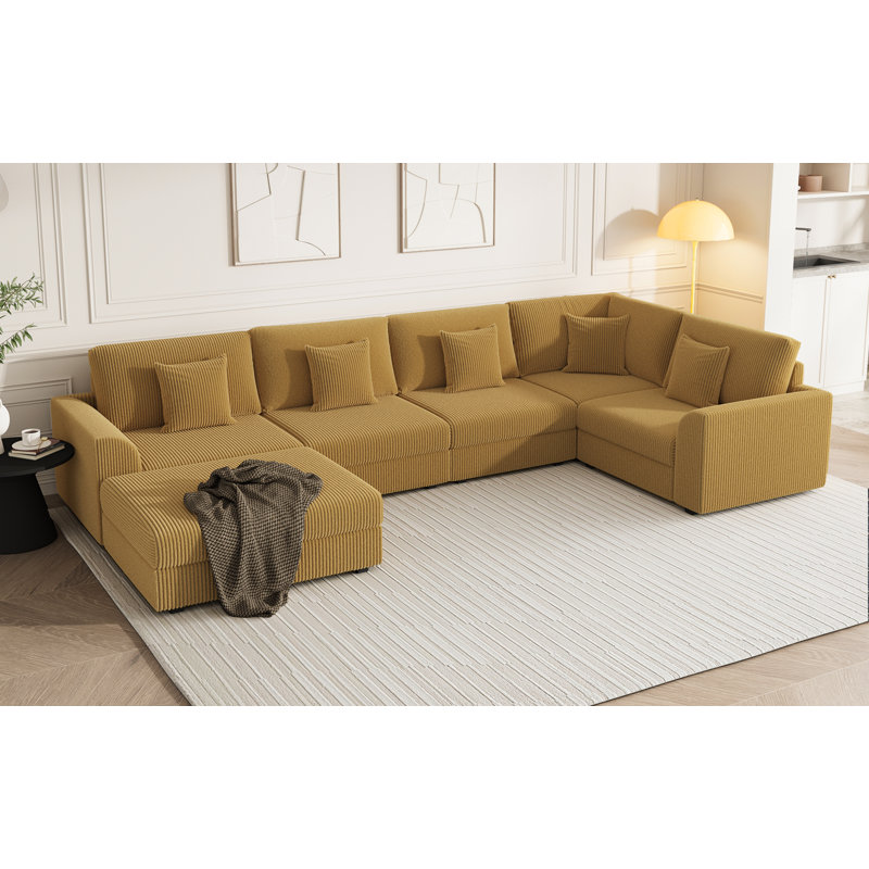 Canapé-lit modulaire en velours côtelé 6 pièces Kaneki, Jaune, 35 pi H x 146 pi L x 78 pi P