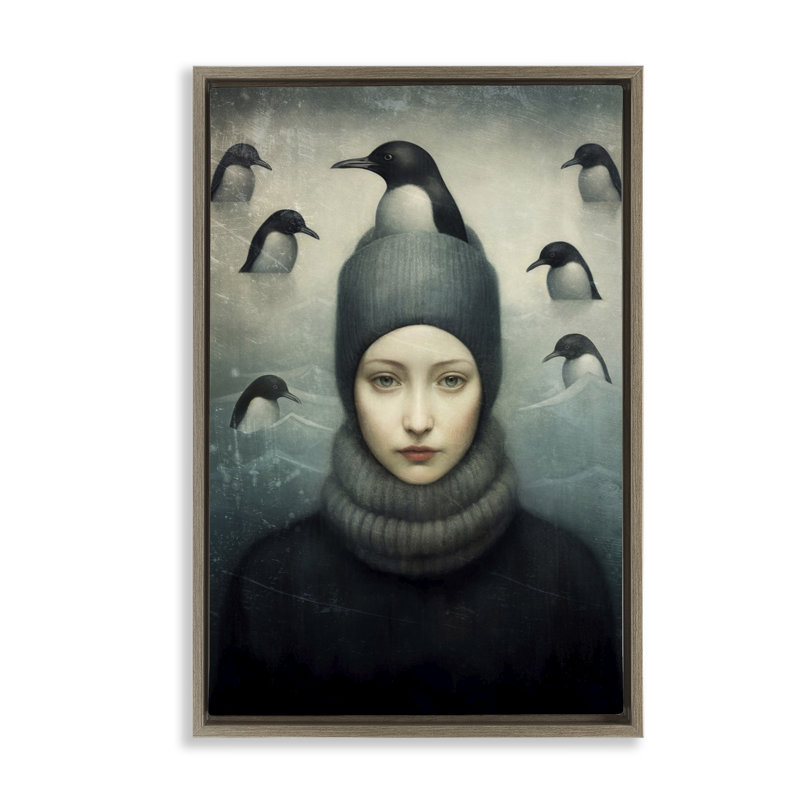 «Peeking Penguins & Woman», toile flottante encadrée par Paula Belle Flores, Cadre flottant orme Montalcino