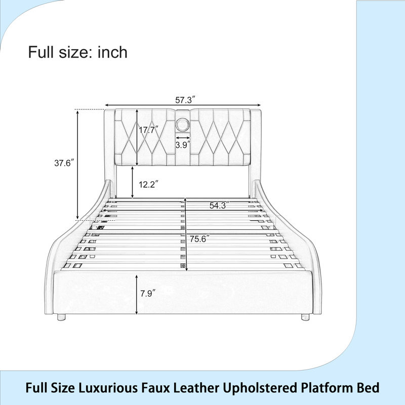  Luxueux lit plateforme tapissier en similicuir avec tête de lit épaissie, haut-parleurs Bluetooth et lumière DEL RVB, aucun sommier tapissier nécessaire 