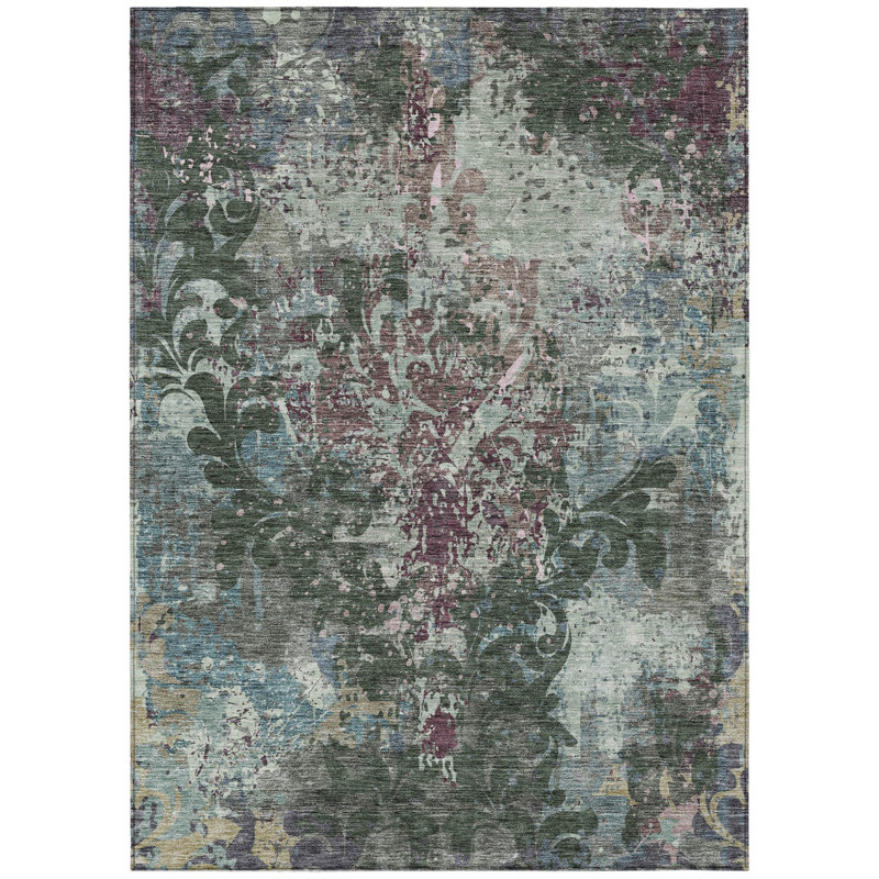 3' X 5' Fern Green And Purple Damask Washable Indoor Outdoor Area Rug