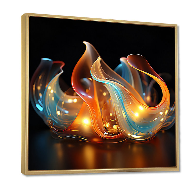 Feu, vagues d'eau, bleu et orange - formes modernes abstraites, art mural, H 30 po x l 30 po, Toile avec cadre flottant or