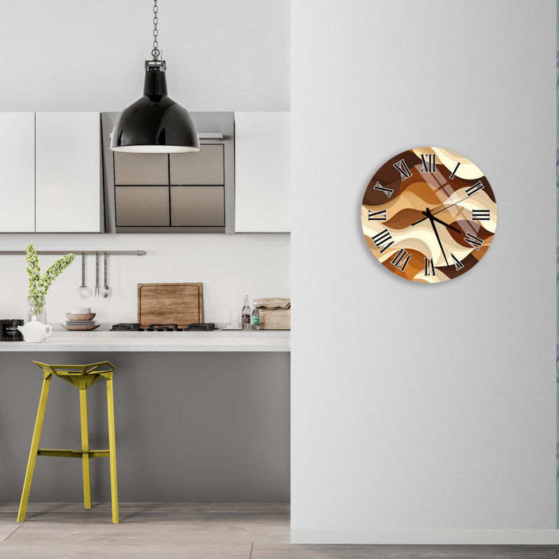 Horloge murale en verre trempé, art abstrait vague, beige brun, décor moderne et élégant, forme ronde, idée de cadeau de pendaison de crémaillère, grande horloge