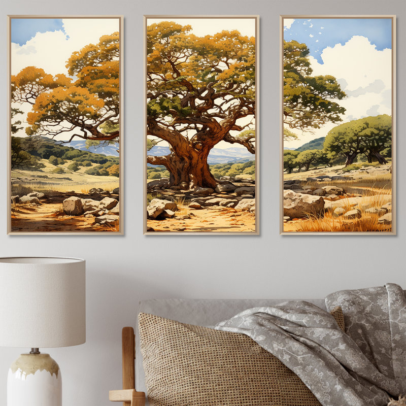 Tree Oaks Simplicity - ensemble de reproduction d'art mural chêne, H 40 po x l 60 po x P 1 po, Cadre naturel flottant