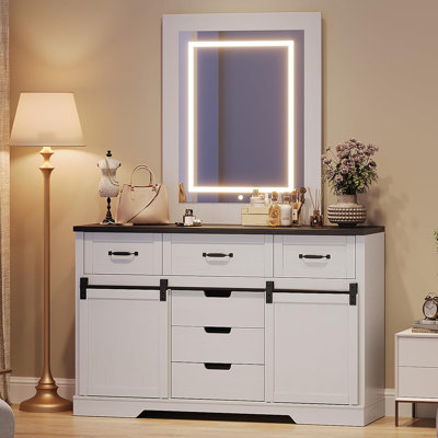 Commode 6 tiroirs 47 "avec miroir lumineux, portes de grange coulissantes, tablettes réglables, commode en bois rustique pour chambre à coucher, salon, blanc