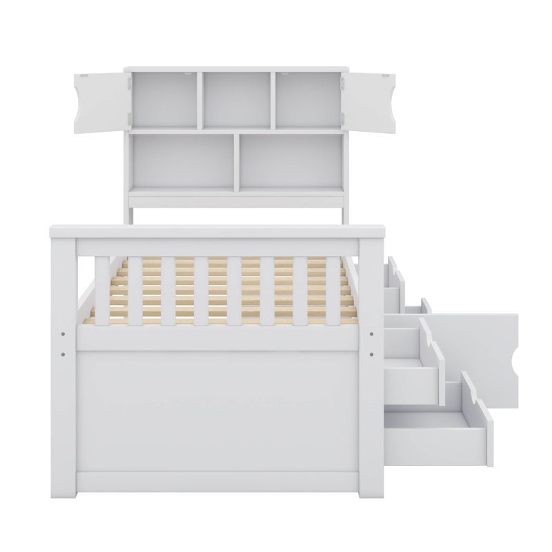Lit plateforme simple de taille capitaine comprenant des bibliothèques de rangement et des tablettes intégrées, Blanc